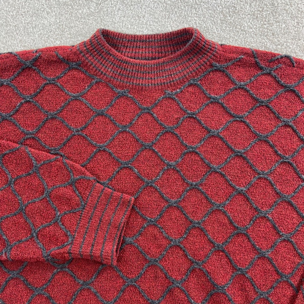 Vtg Jhane Barnes Sweater Mens Large Red Grey Lattice Textured Wool Mock Neck